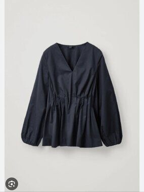 COS | pleated Poplin puff sleeve top navy blue blouse V-neck Sz M L